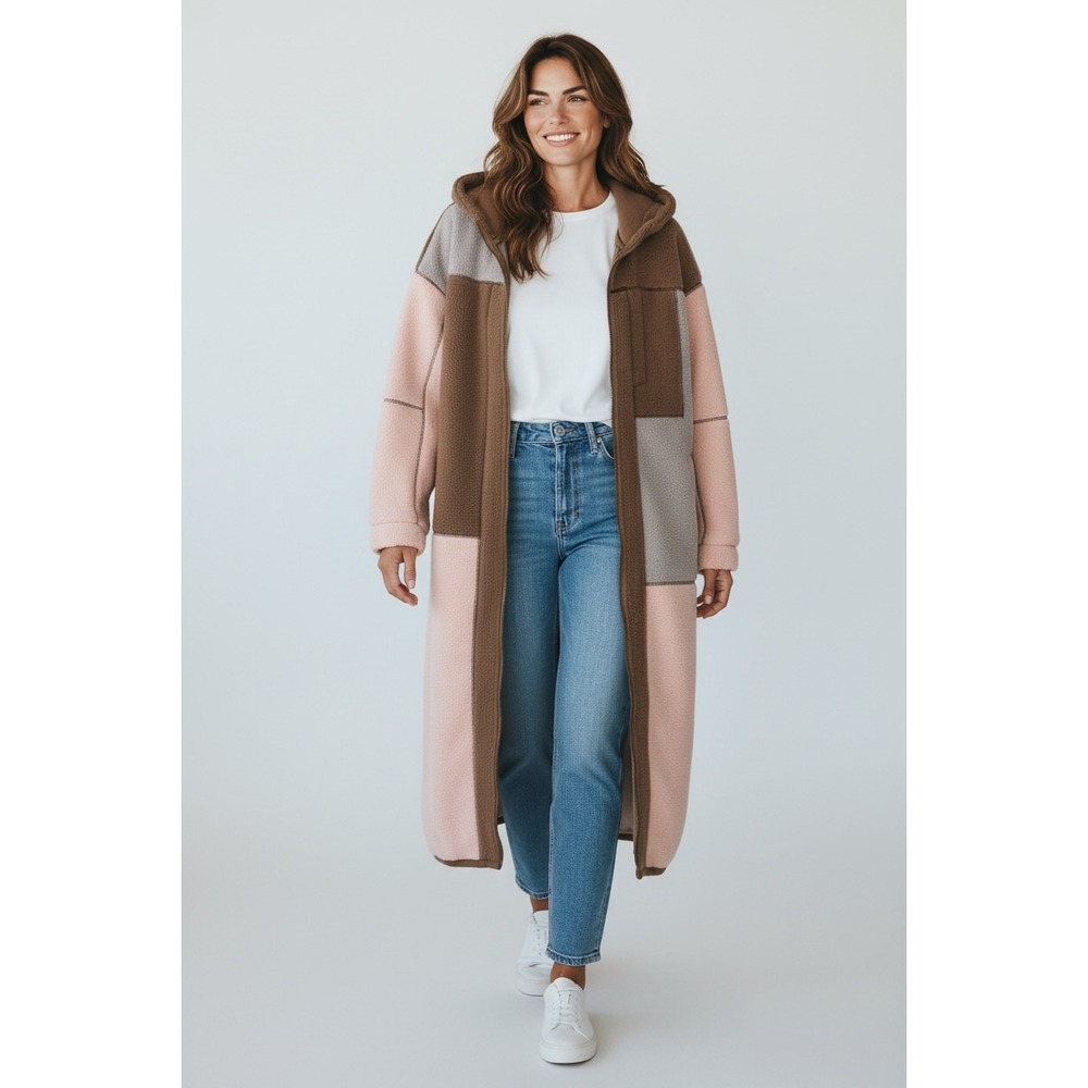Oli & Hali Colorblock Fleece Patchwork Hooded Long Coat Jacket Women S M